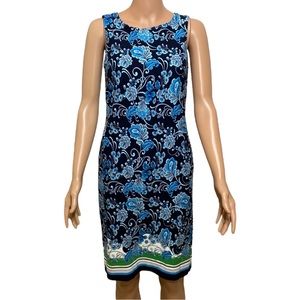 Chico's Dress Ponte Border Print Blue Green White Women’s Floral with Pockets